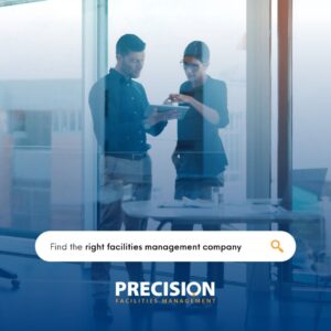 a man and woman standing in front of a window and discuss about the professional facility maintenance company