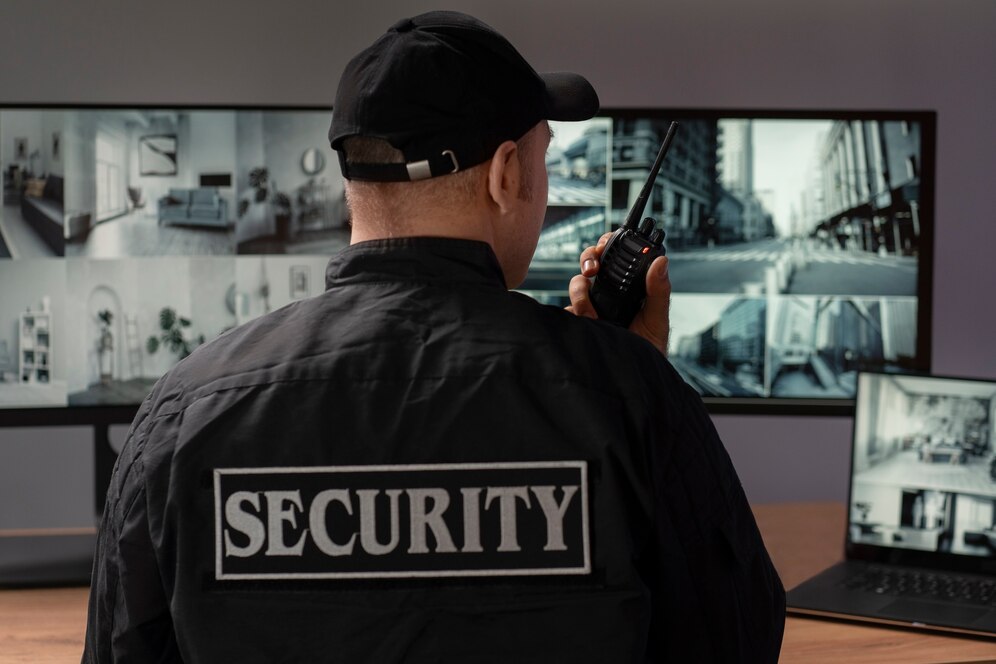 portrait male security guard with radio station camera screens 23 2150368714